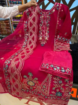 Gold Organza Embroidered Party Dress